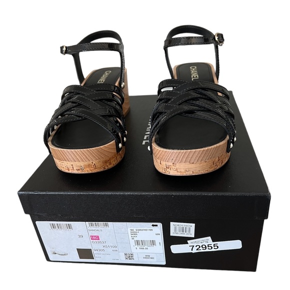 *SOLD* New Chanel 18C Cork Wood Black Patent Leather Strap Heel Sandals size 39 - Picture 10 of 10